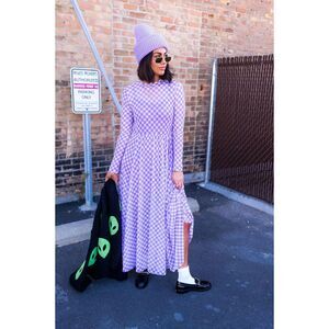 DRESSED IN LALA. S More You Mesh Maxi Dress in Lavender Checkerboard